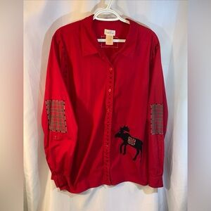 Bobbie Brooks Red Shirt 100% Cotton Moose Cabin Rustic Wildlife 26W/28W Blouse